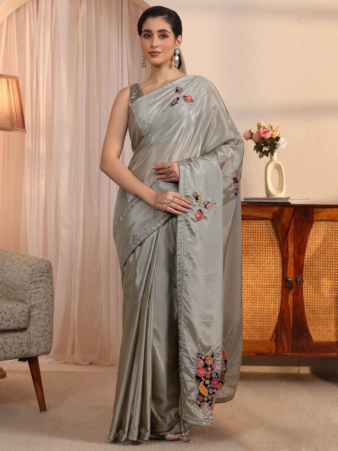  Libas Dusty Green Satin Saree with Applique Design 