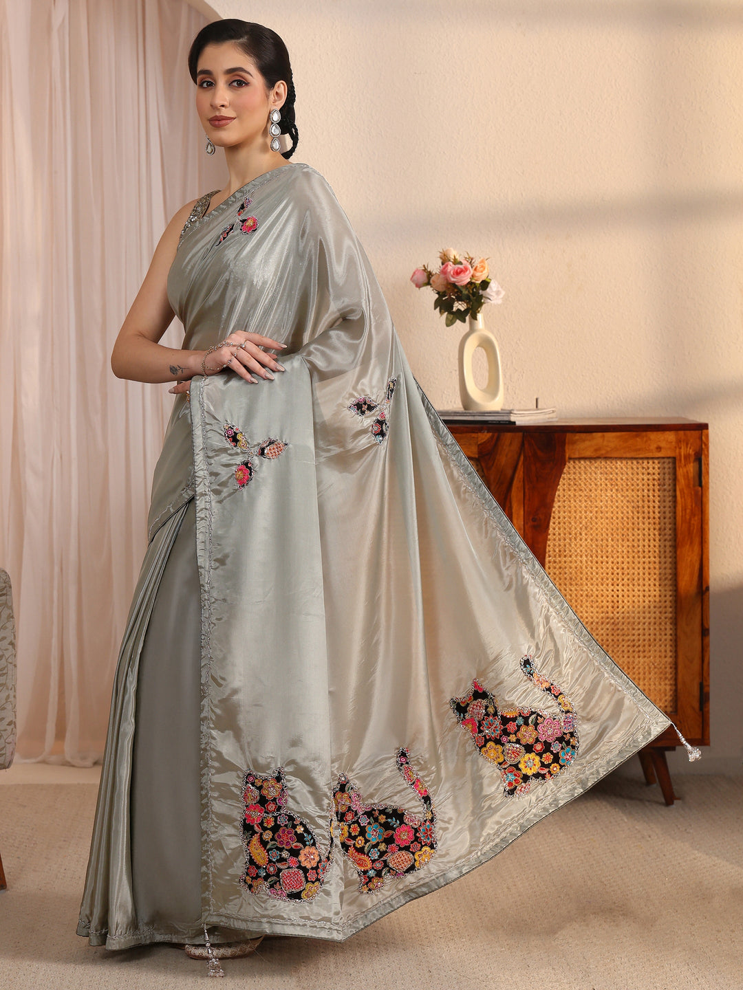  Libas Dusty Green Satin Saree with Applique Design 