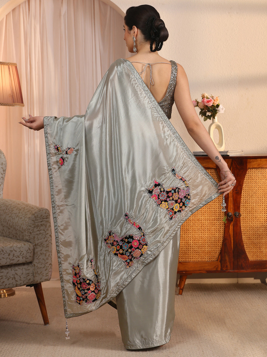  Libas Dusty Green Satin Saree with Applique Design 
