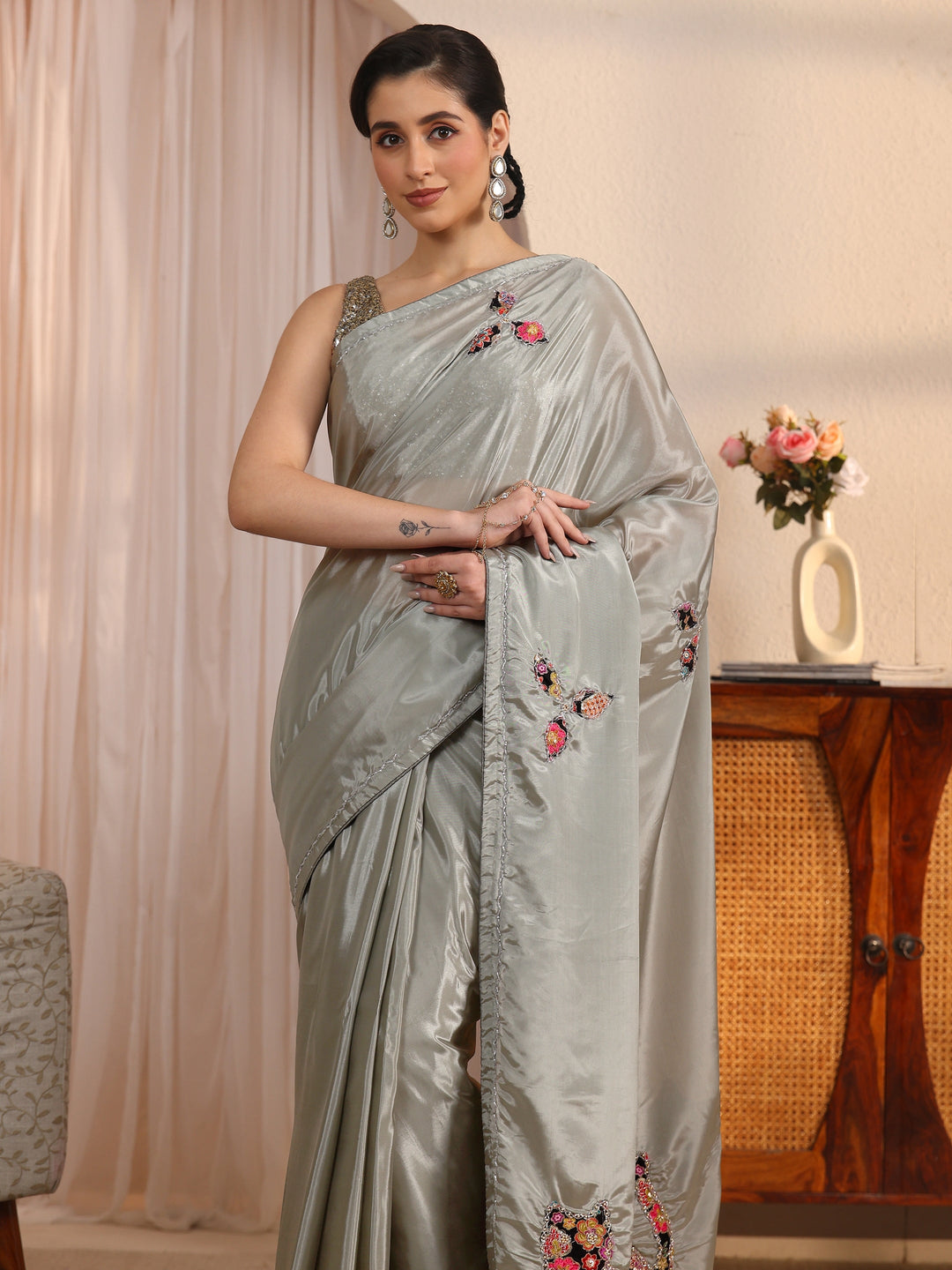  Libas Dusty Green Satin Saree with Applique Design 