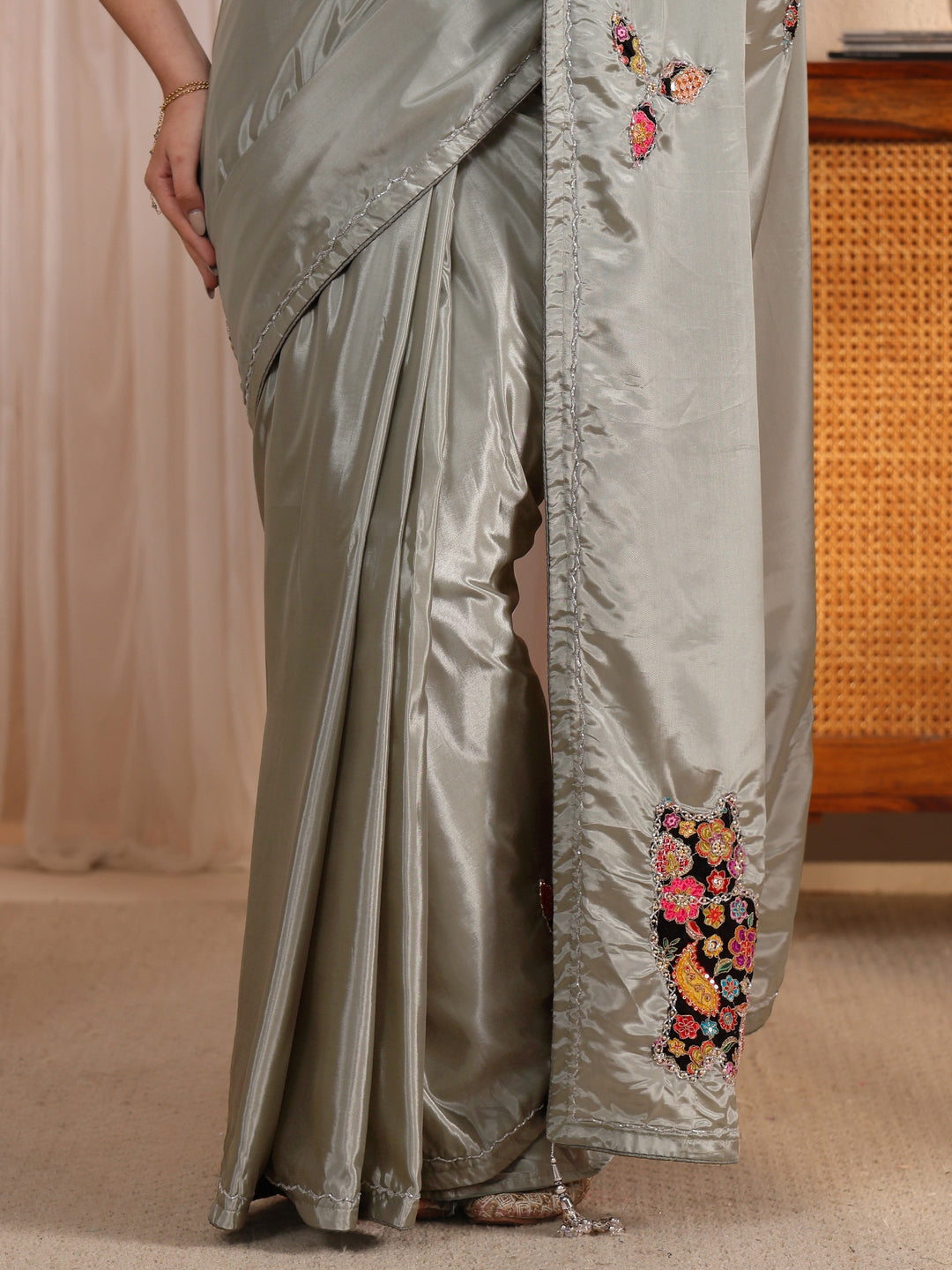  Libas Dusty Green Satin Saree with Applique Design 