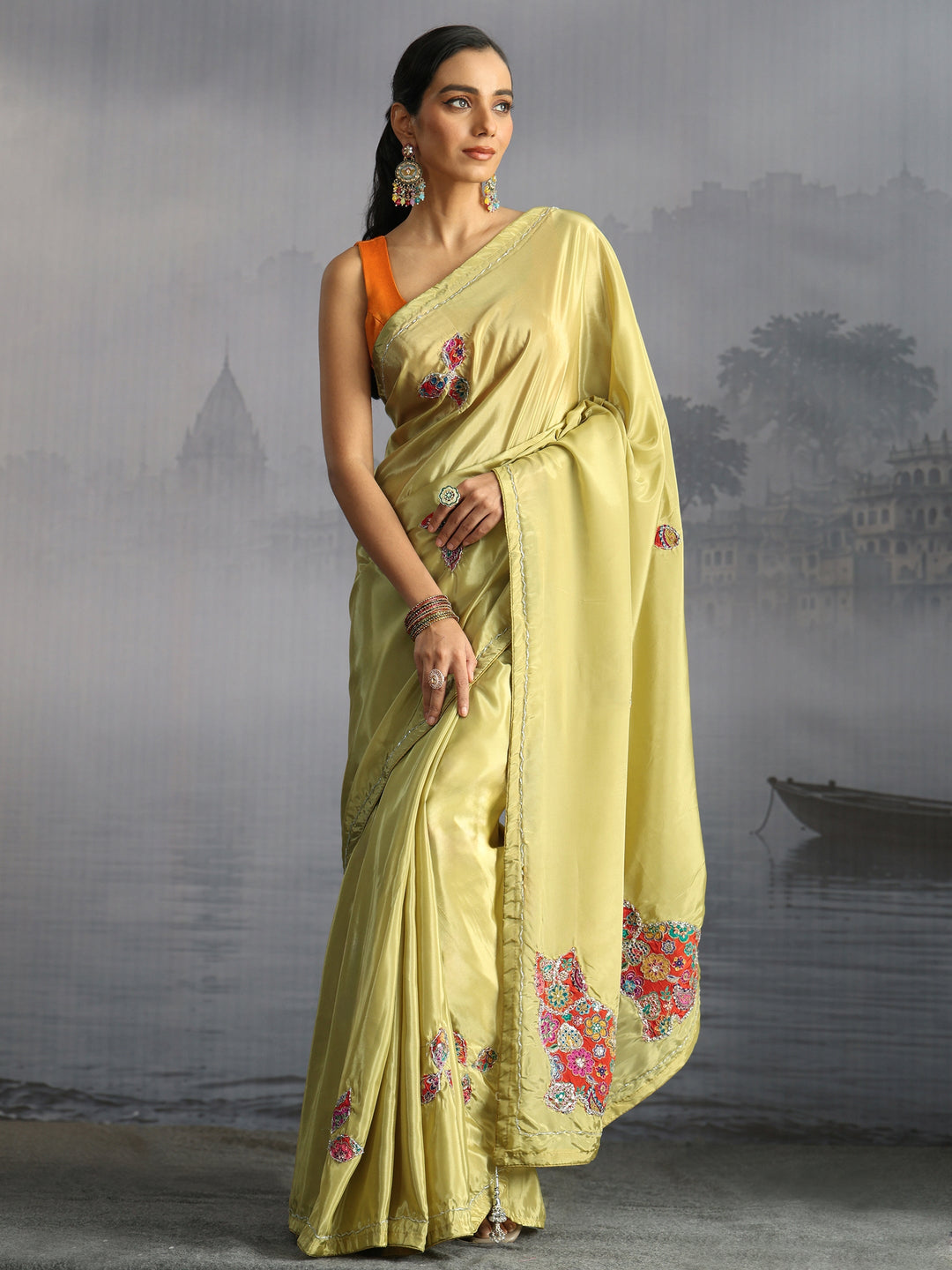  Libas Green Embellished Satin Saree with Applique Work 