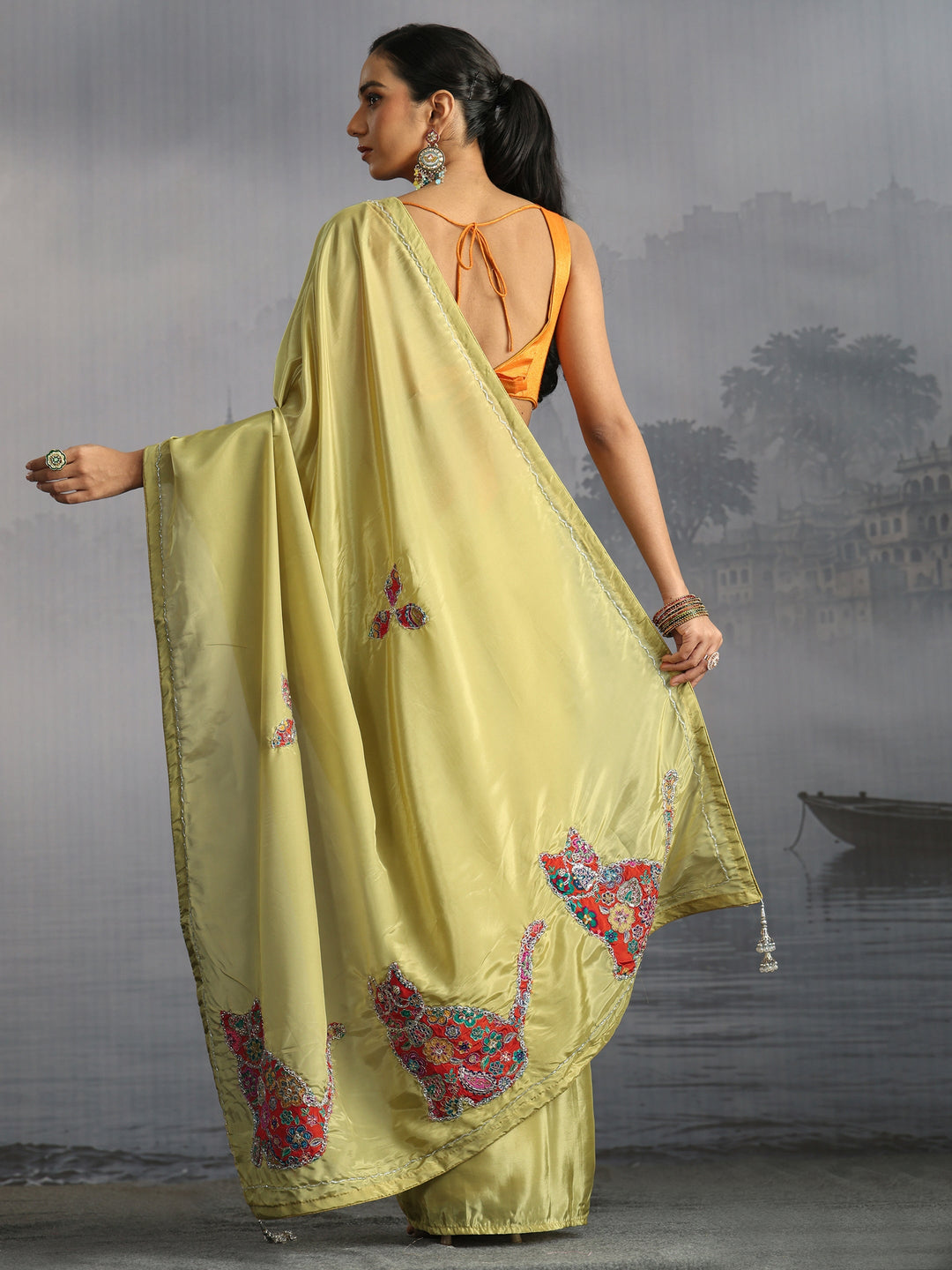  Libas Green Embellished Satin Saree with Applique Work 