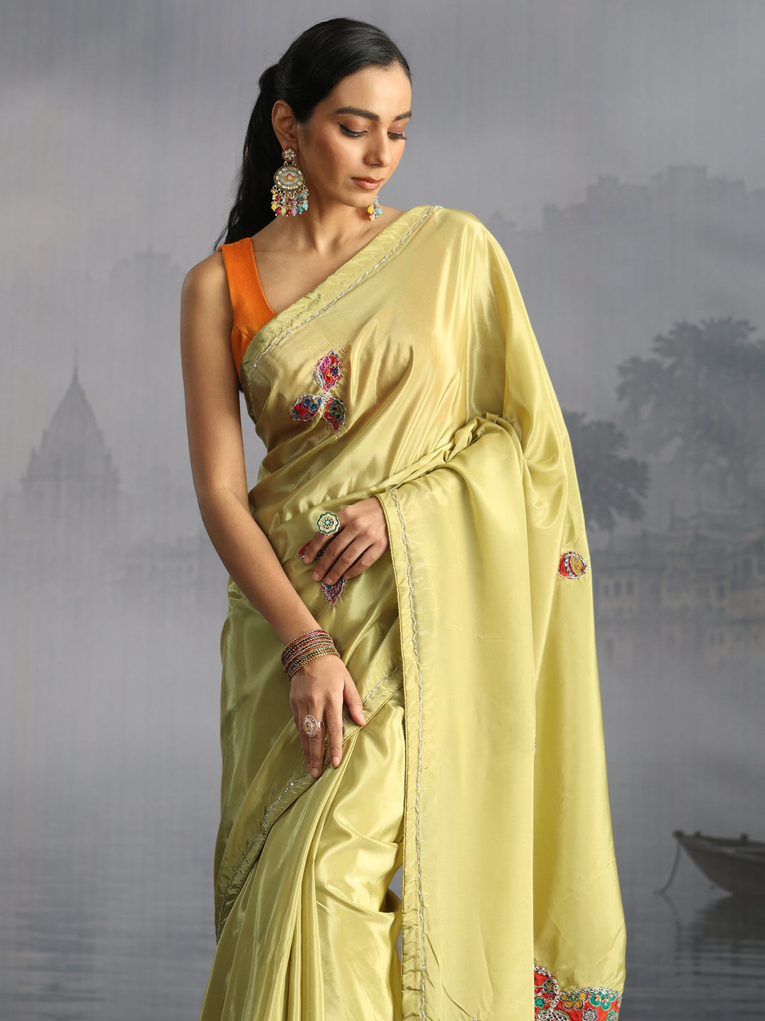  Libas Green Embellished Satin Saree with Applique Work 
