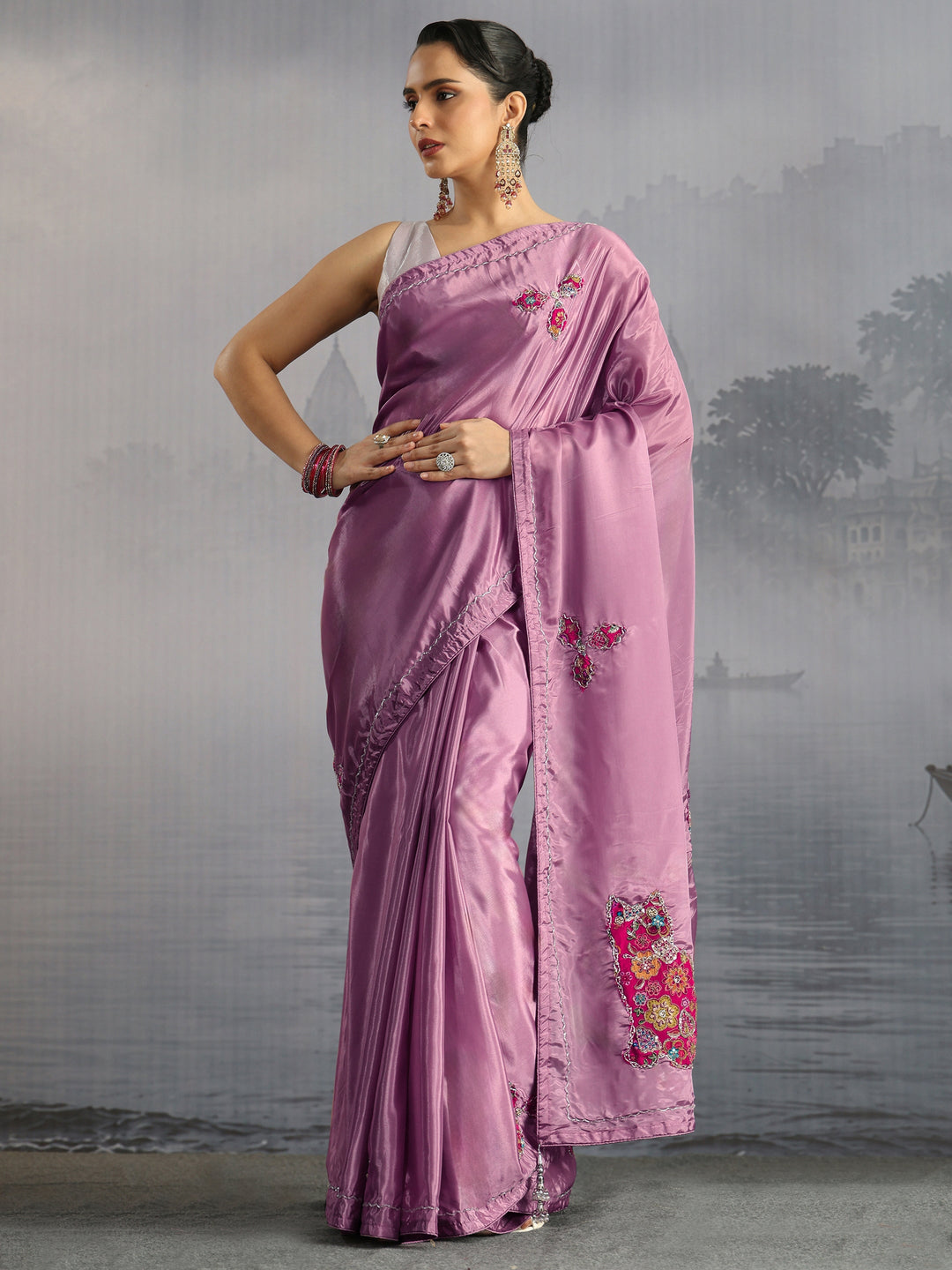  Libas Lavender Embellished Satin Saree with Applique Work 
