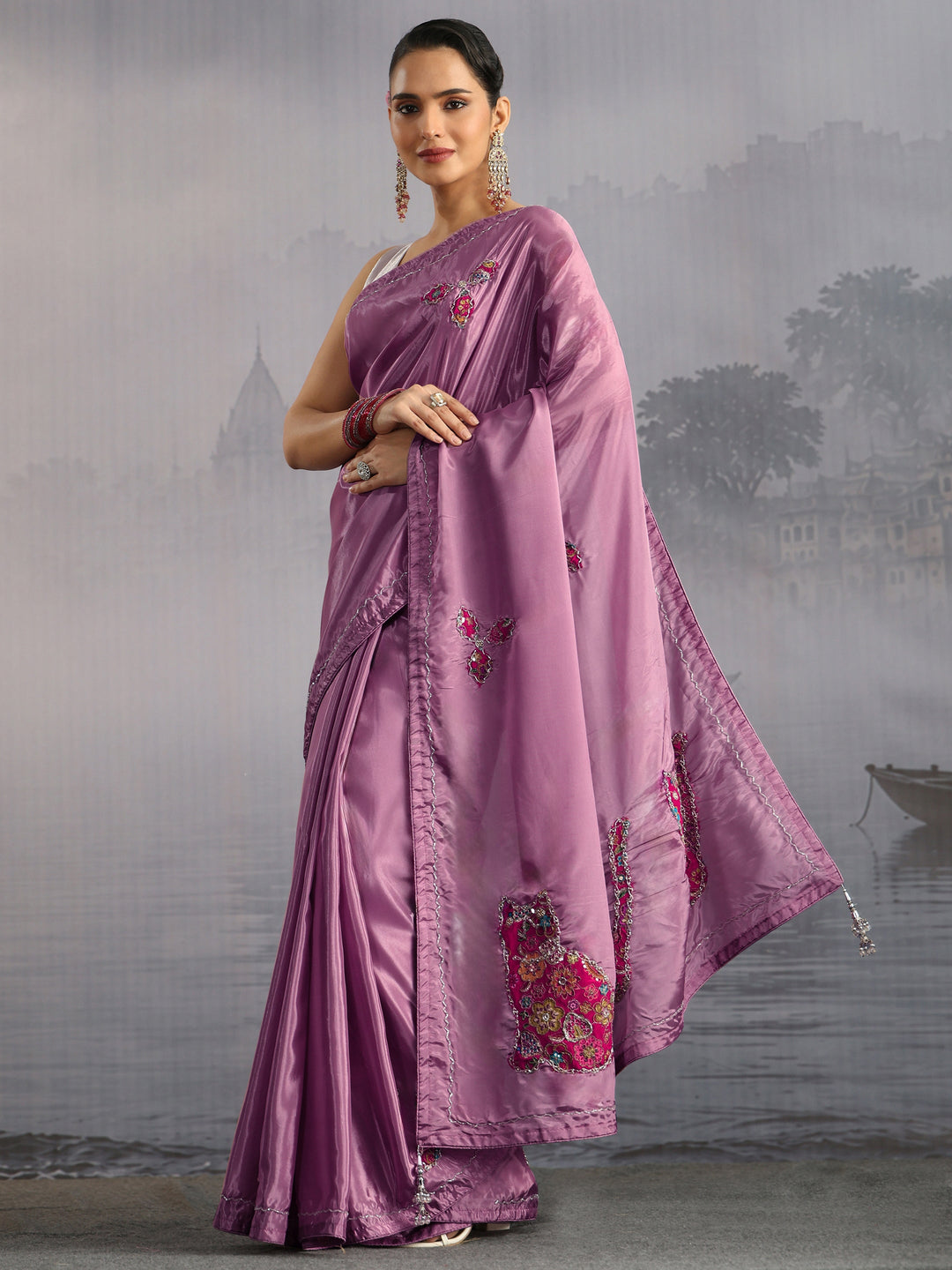  Libas Lavender Embellished Satin Saree with Applique Work 