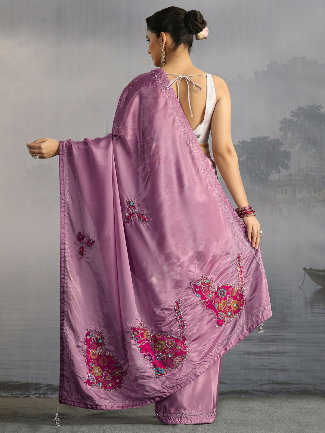  Libas Lavender Embellished Satin Saree with Applique Work 