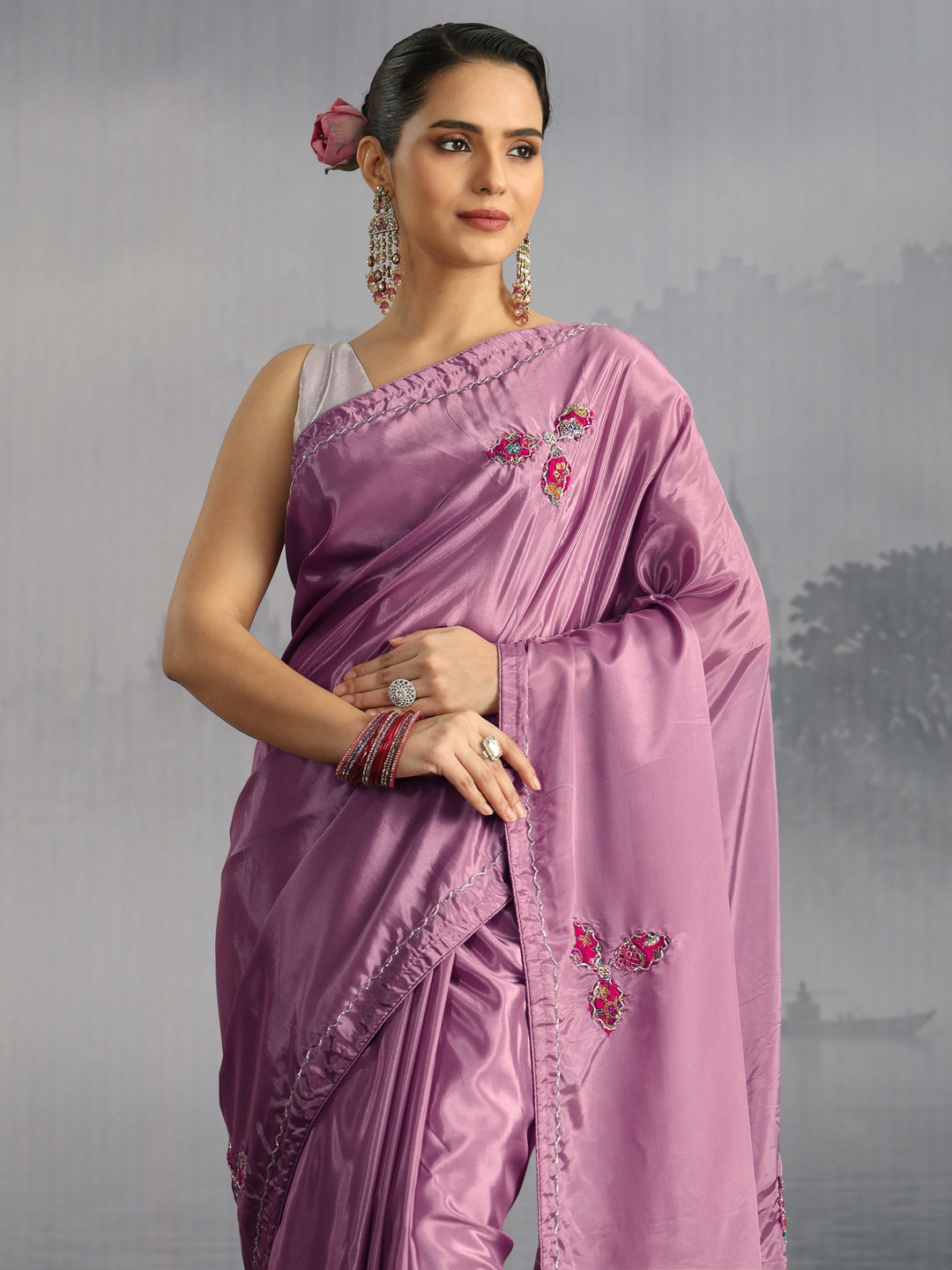  Libas Lavender Embellished Satin Saree with Applique Work 