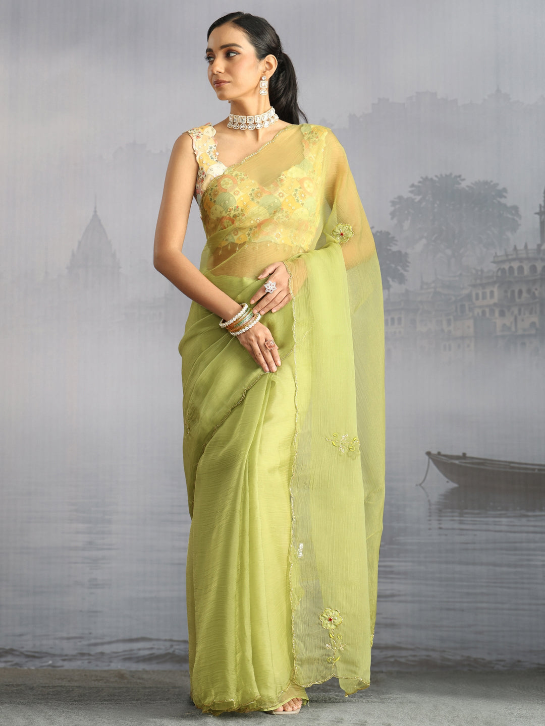  Libas Green Embellished Organza Saree with Applique Work 