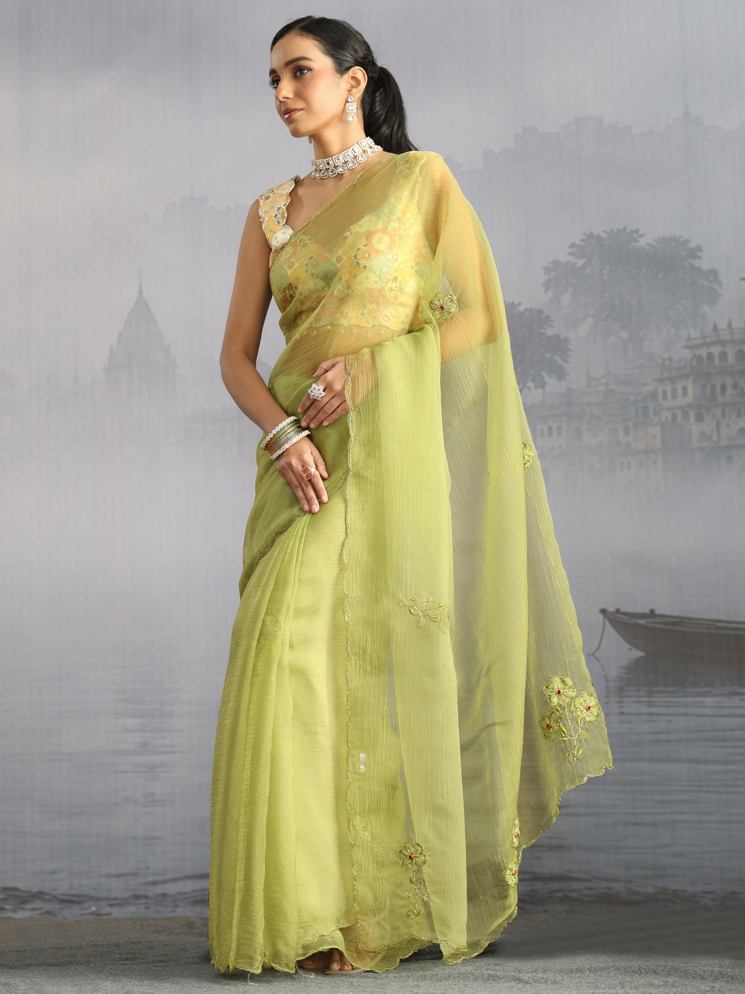  Libas Green Embellished Organza Saree with Applique Work 