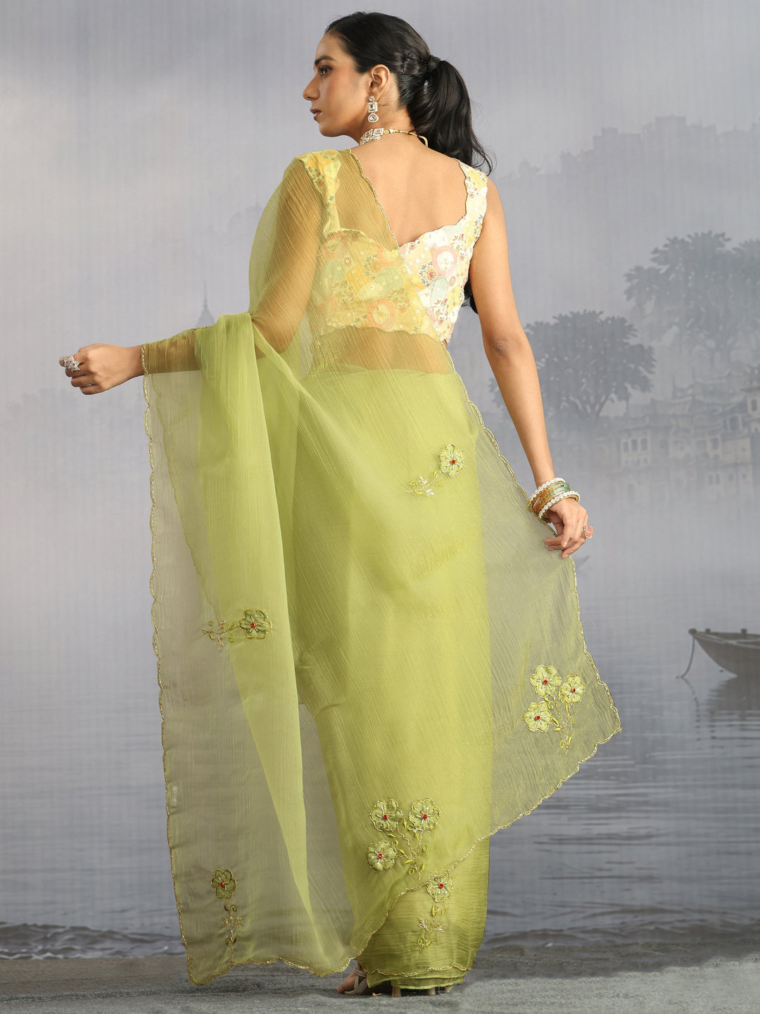  Libas Green Embellished Organza Saree with Applique Work 