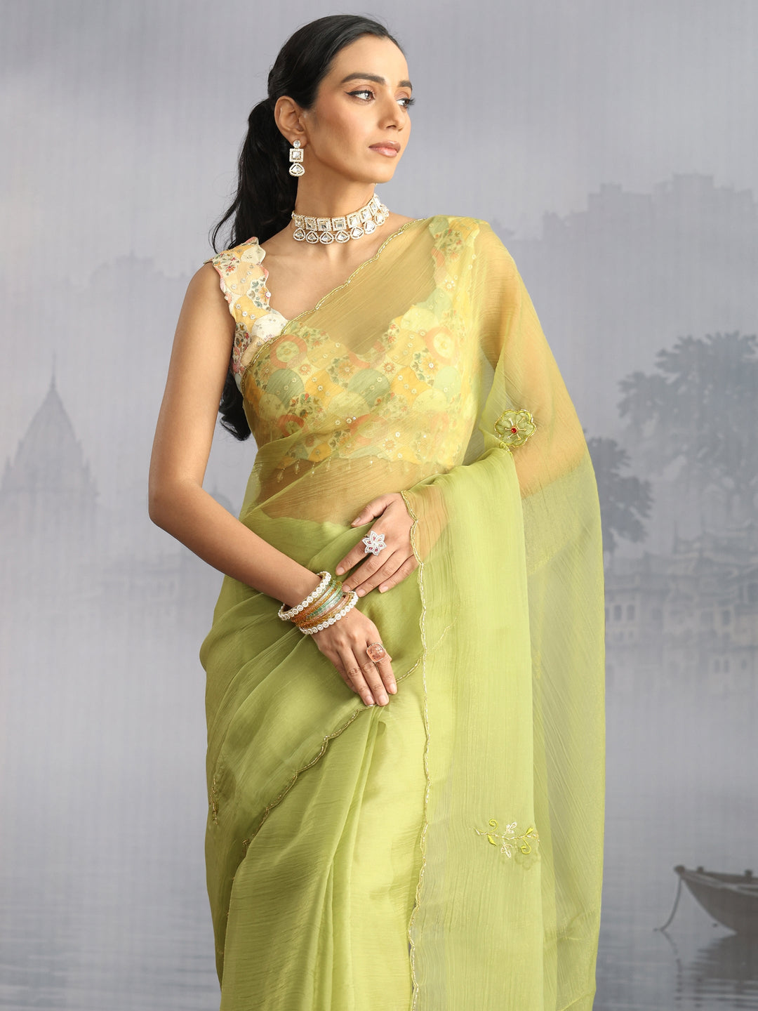  Libas Green Embellished Organza Saree with Applique Work 