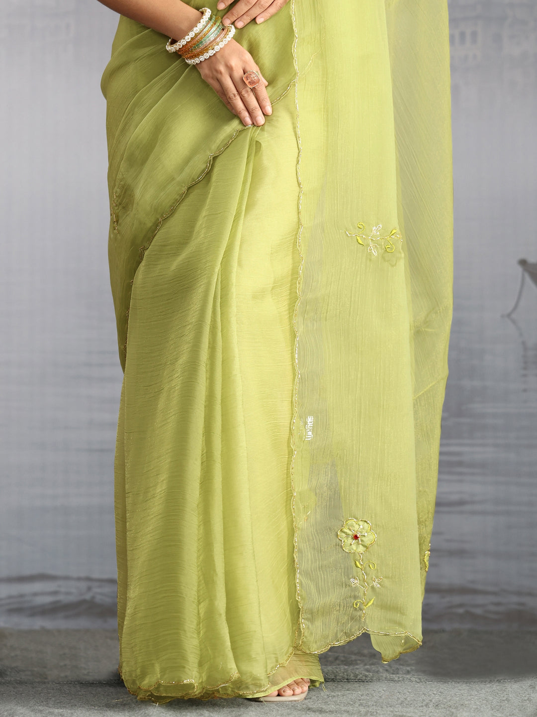  Libas Green Embellished Organza Saree with Applique Work 