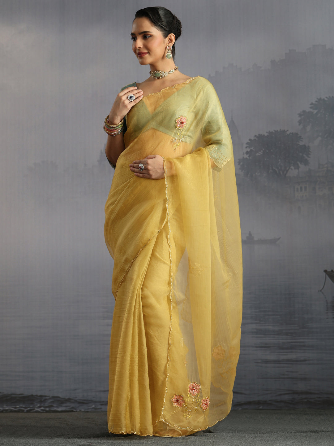  Libas Mustard Embellished Organza Saree with Applique Work 