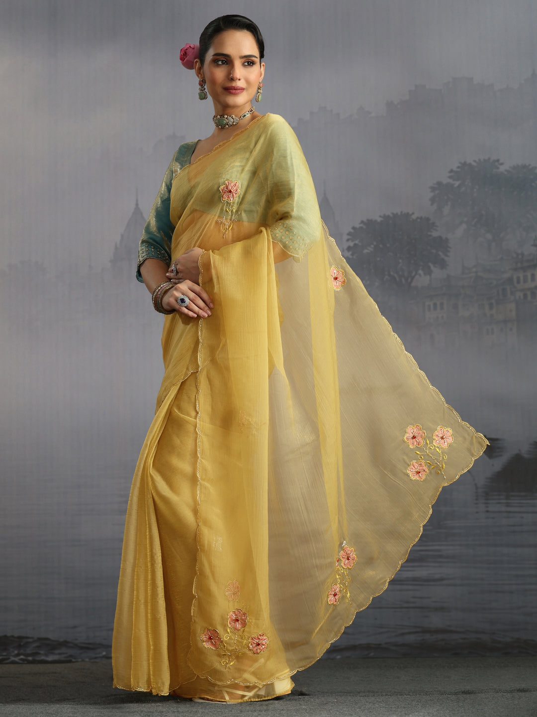  Libas Mustard Embellished Organza Saree with Applique Work 