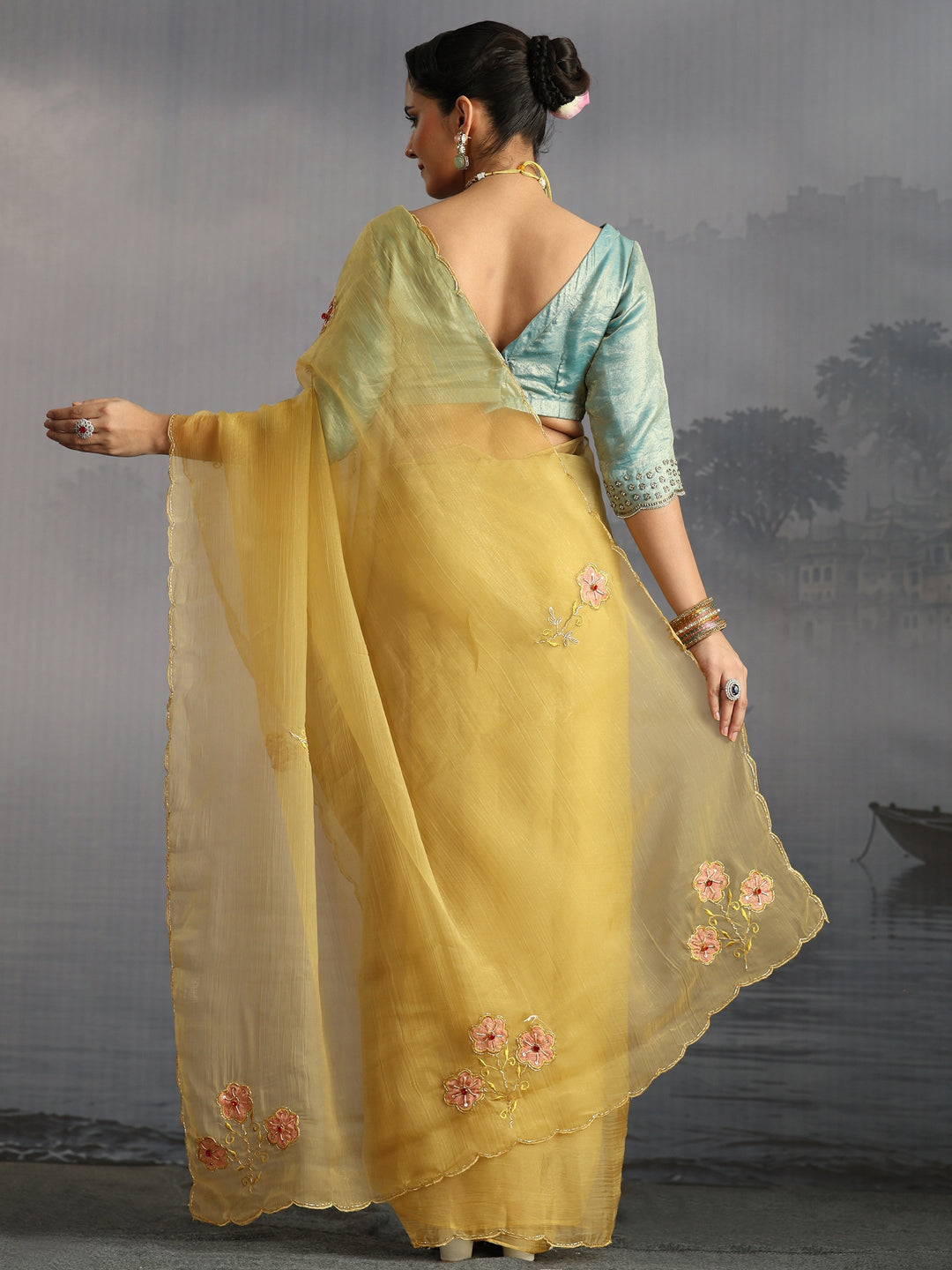  Libas Mustard Embellished Organza Saree with Applique Work 