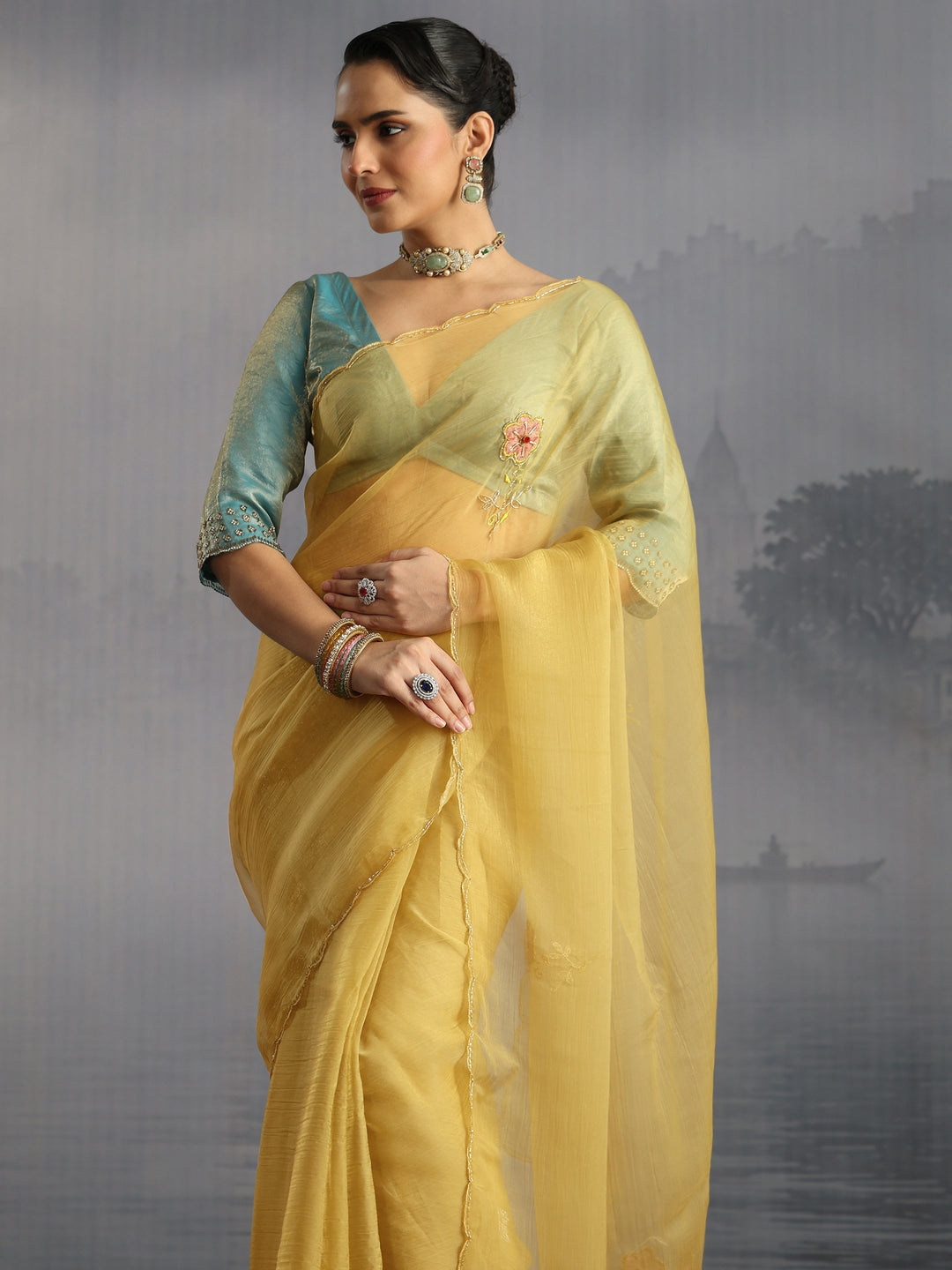  Libas Mustard Embellished Organza Saree with Applique Work 