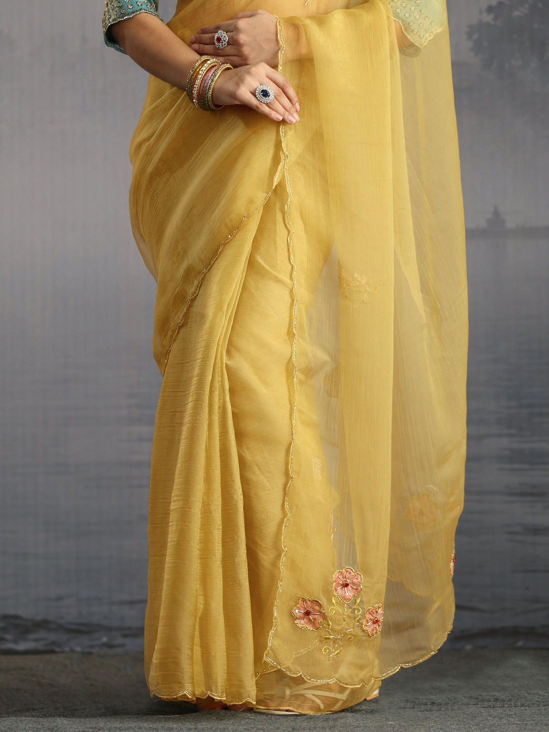  Libas Mustard Embellished Organza Saree with Applique Work 