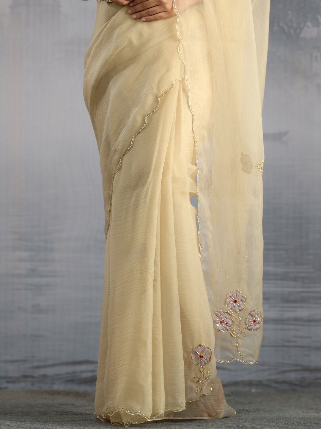  Libas Taupe Embellished Organza Saree with Applique Work 