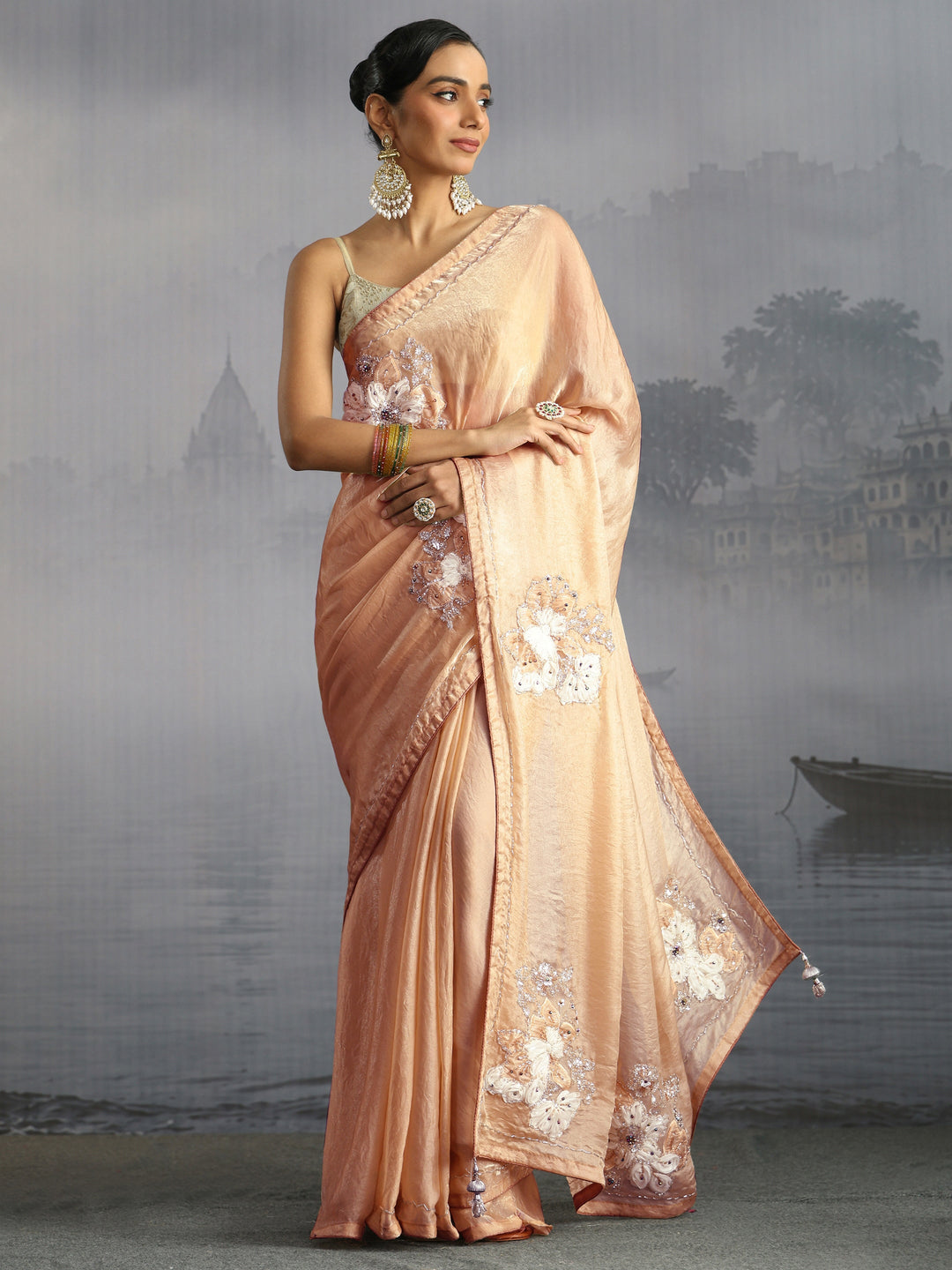  Libas Golden Embellished Tissue Saree with Applique Work 