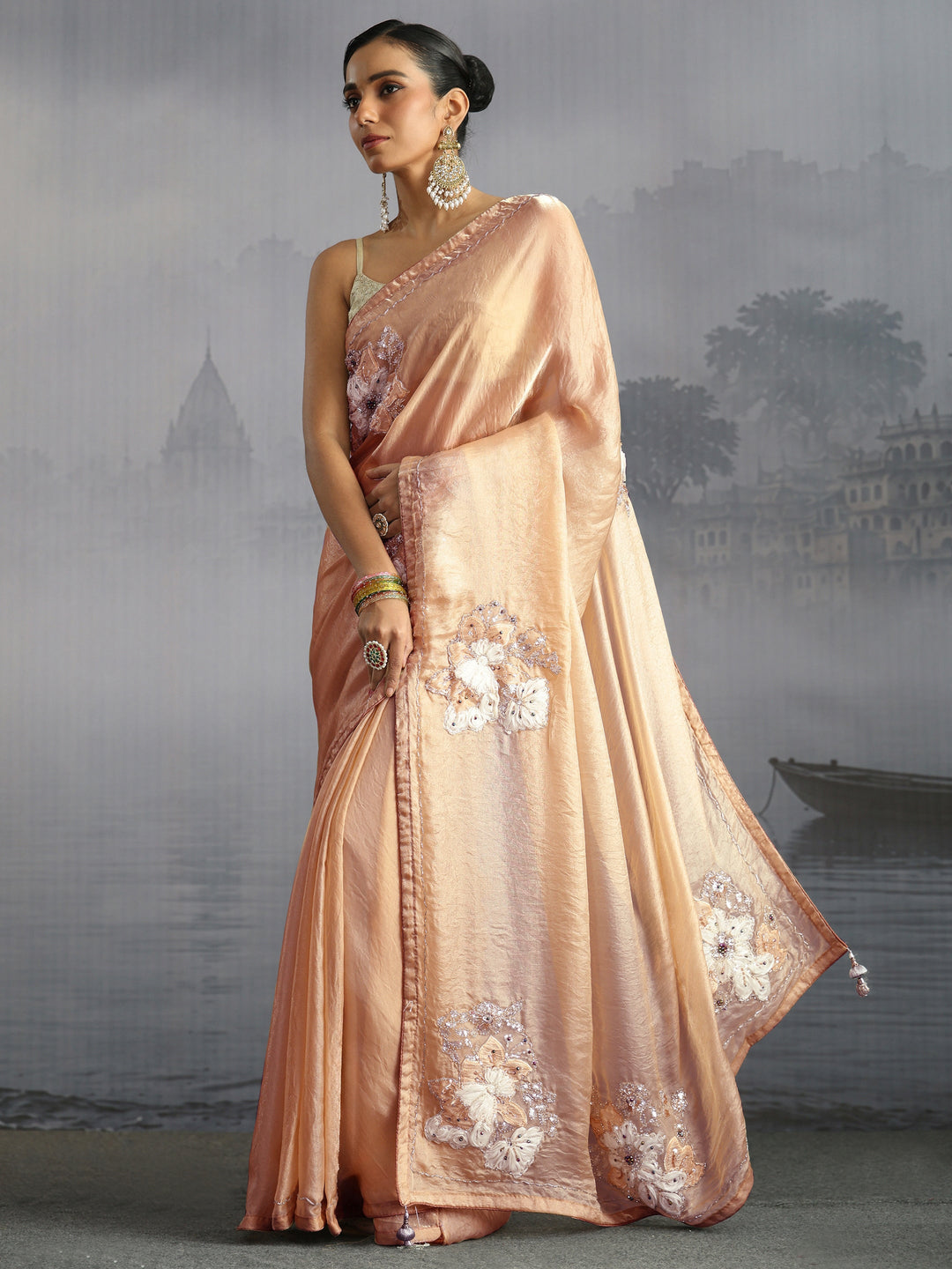  Libas Golden Embellished Tissue Saree with Applique Work 