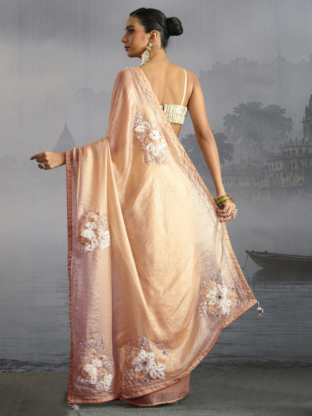  Libas Golden Embellished Tissue Saree with Applique Work 