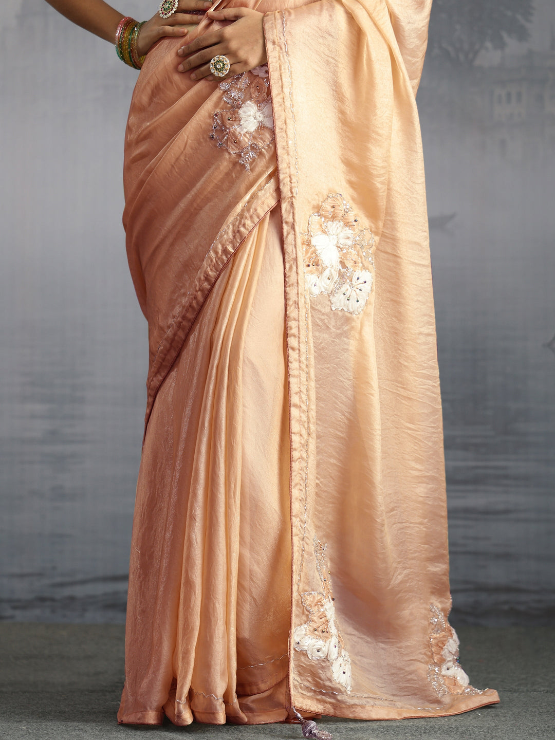  Libas Golden Embellished Tissue Saree with Applique Work 