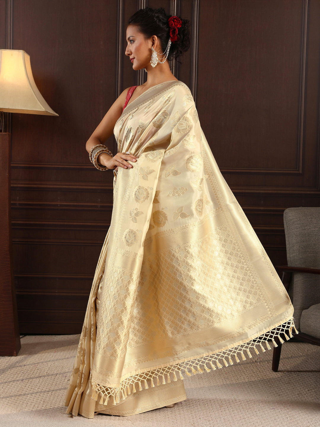  Libas Cream Floral Woven Design Silk Blend Tassel Saree 