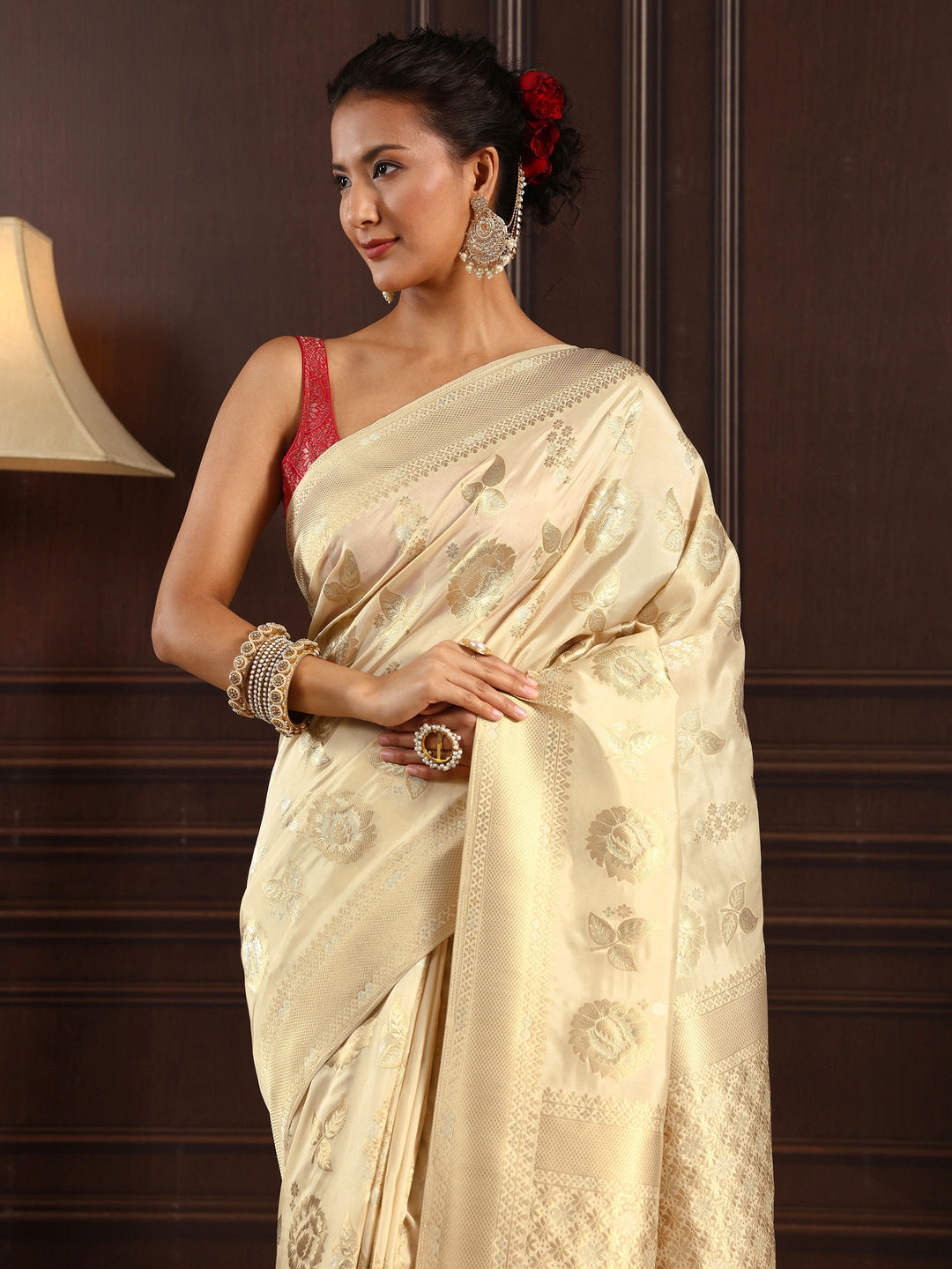  Libas Cream Floral Woven Design Silk Blend Tassel Saree 