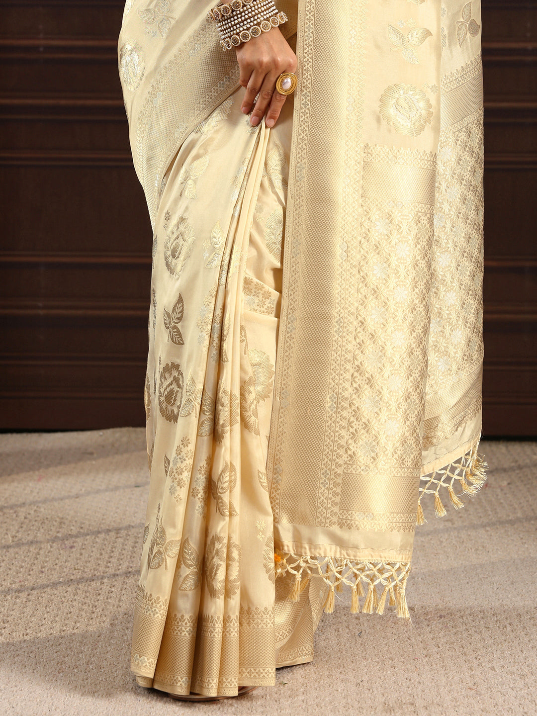  Libas Cream Floral Woven Design Silk Blend Tassel Saree 