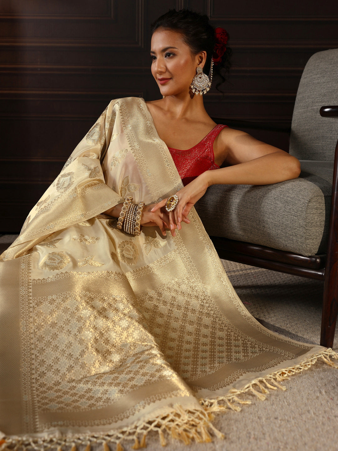  Libas Cream Floral Woven Design Silk Blend Tassel Saree 