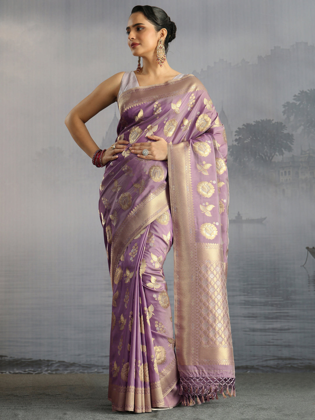  Libas Lavender Floral Woven Design Silk Blend Saree 
