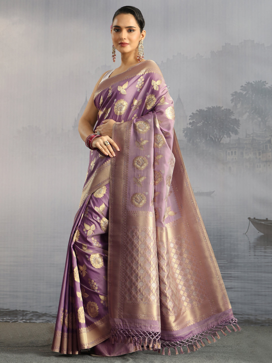  Libas Lavender Floral Woven Design Silk Blend Saree 