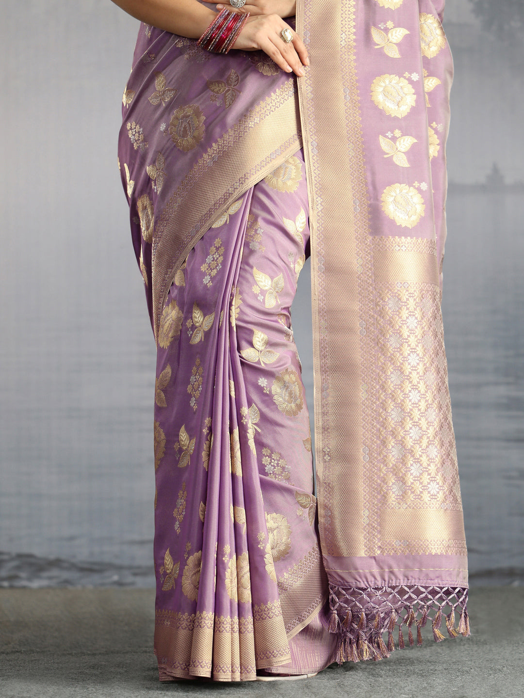  Libas Lavender Floral Woven Design Silk Blend Saree 