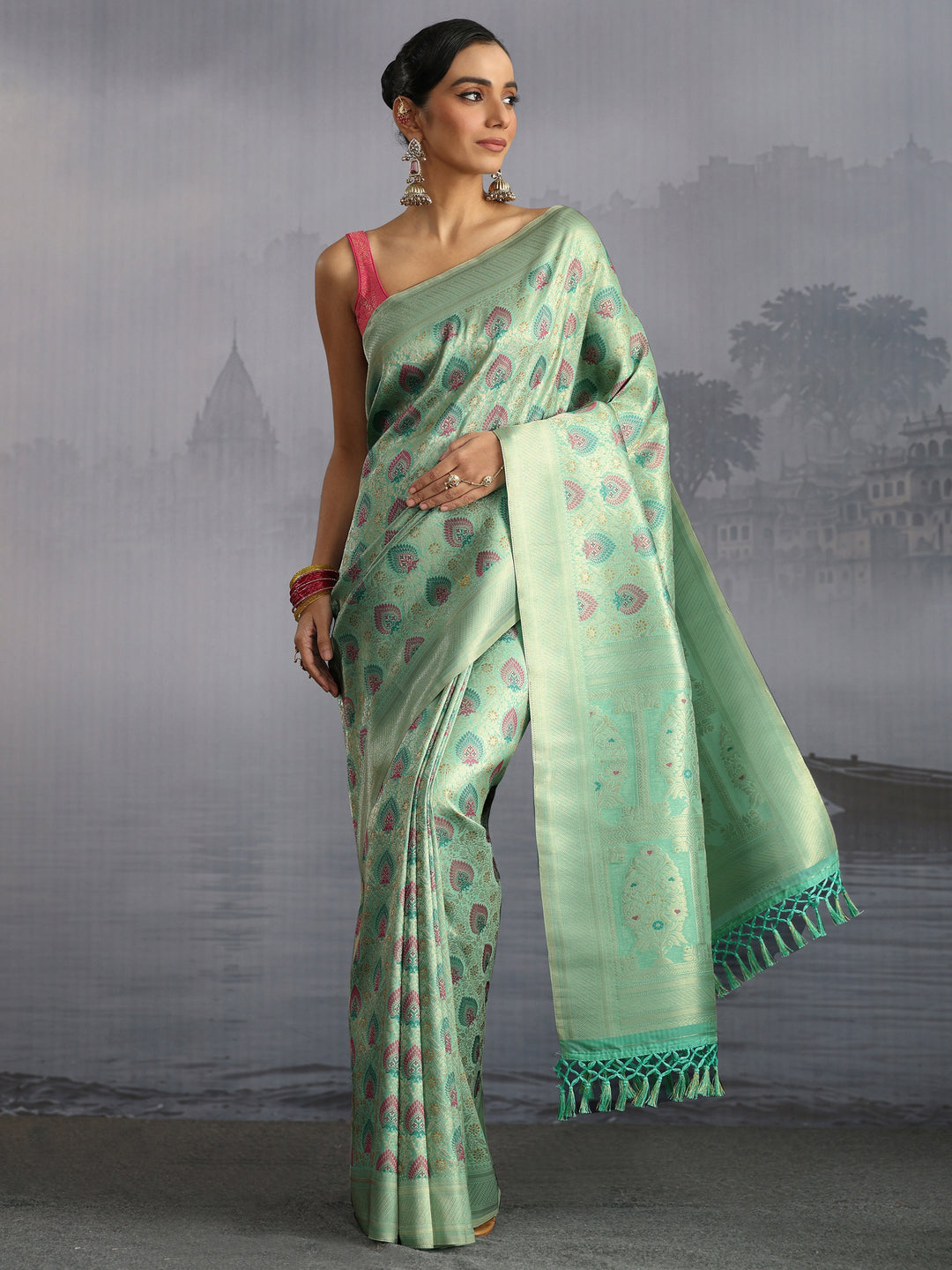  Libas Sea Green Mughal Woven Design Silk Blend Saree 