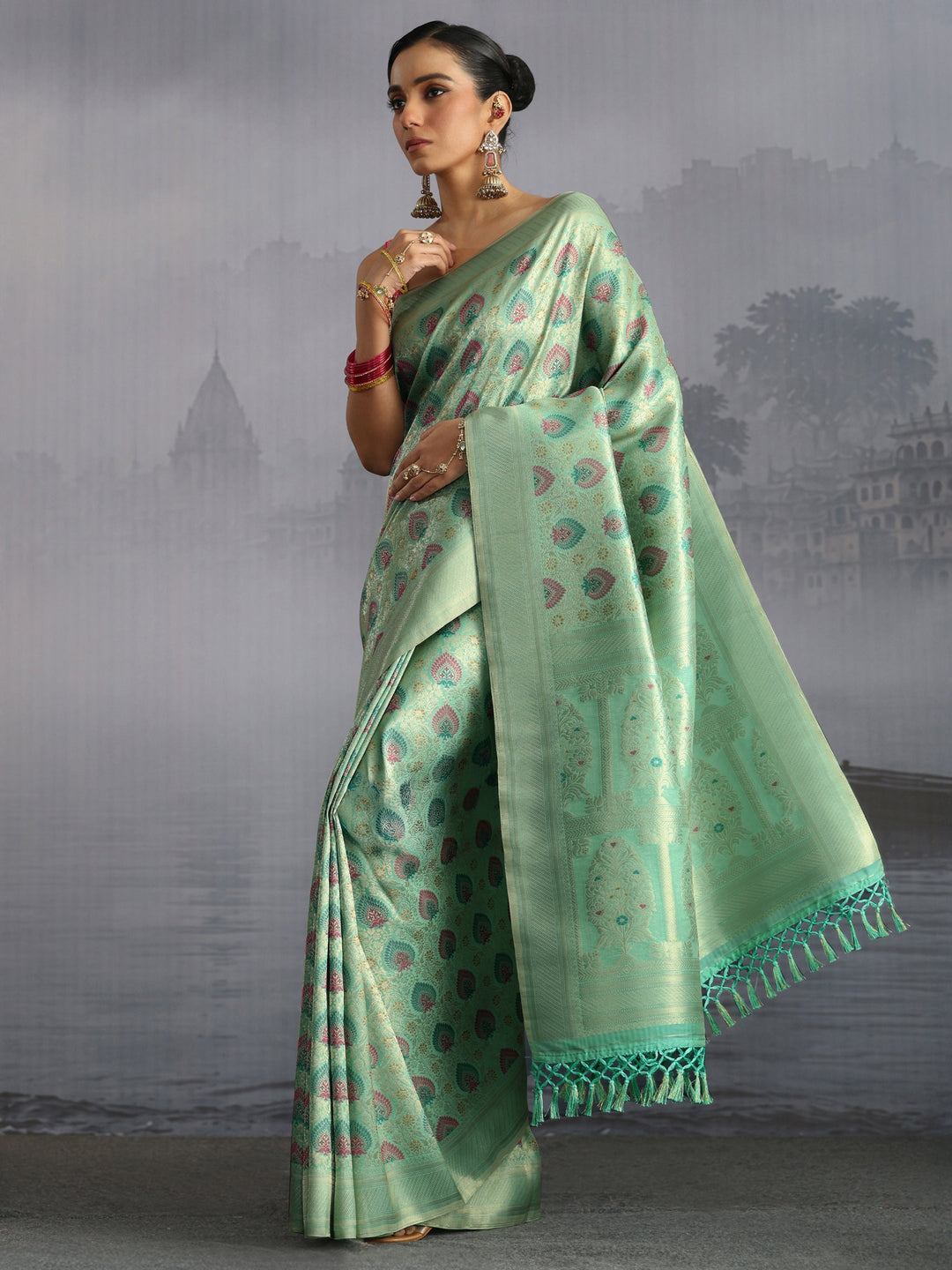  Libas Sea Green Mughal Woven Design Silk Blend Saree 
