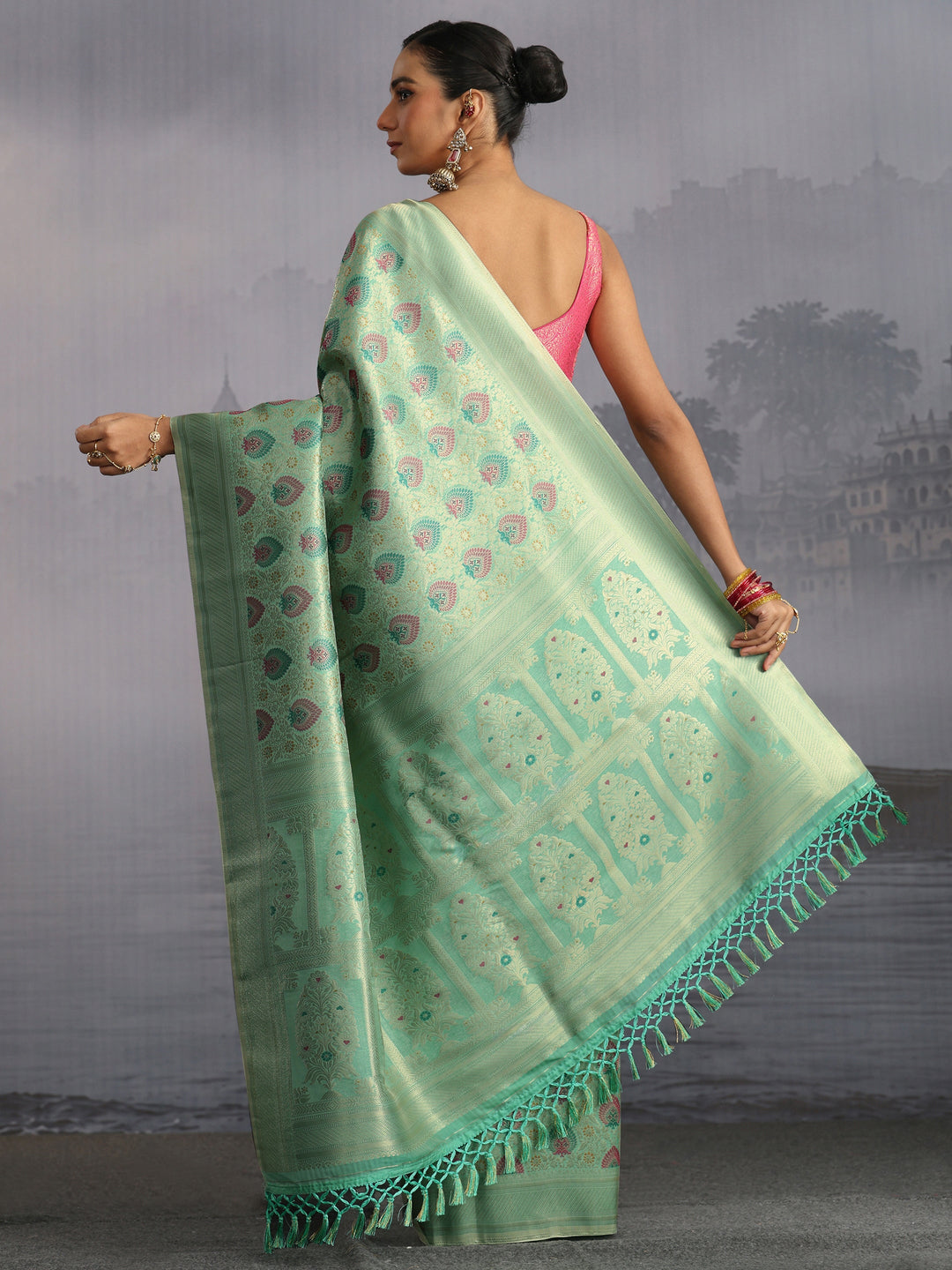  Libas Sea Green Mughal Woven Design Silk Blend Saree 
