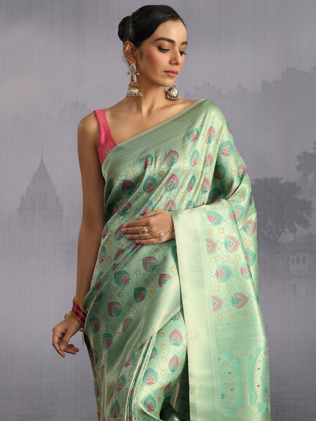  Libas Sea Green Mughal Woven Design Silk Blend Saree 