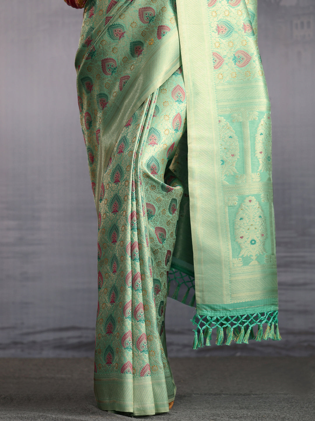  Libas Sea Green Mughal Woven Design Silk Blend Saree 