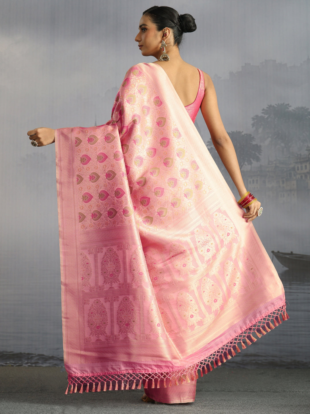  Libas Baby Pink Mughal Woven Design Silk Blend Saree 