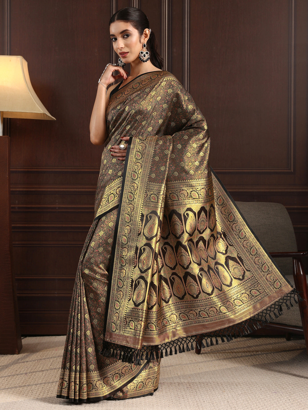  Libas Black Ethnic Brocade Tassel Saree 