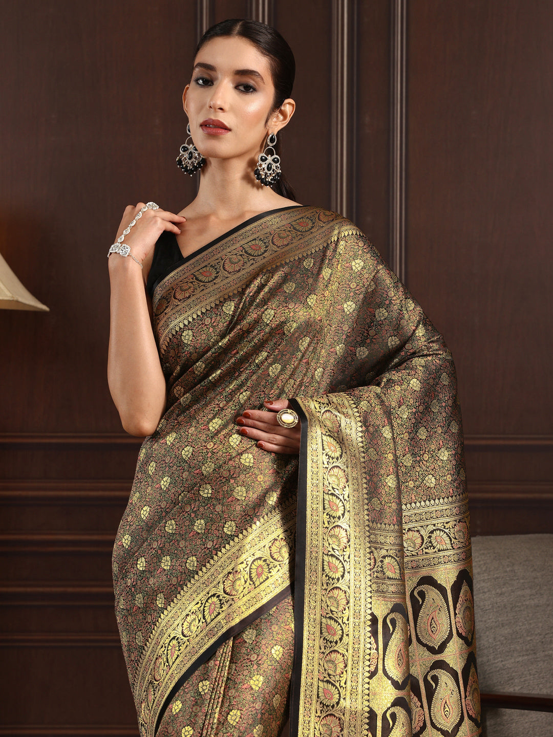  Libas Black Ethnic Brocade Tassel Saree 