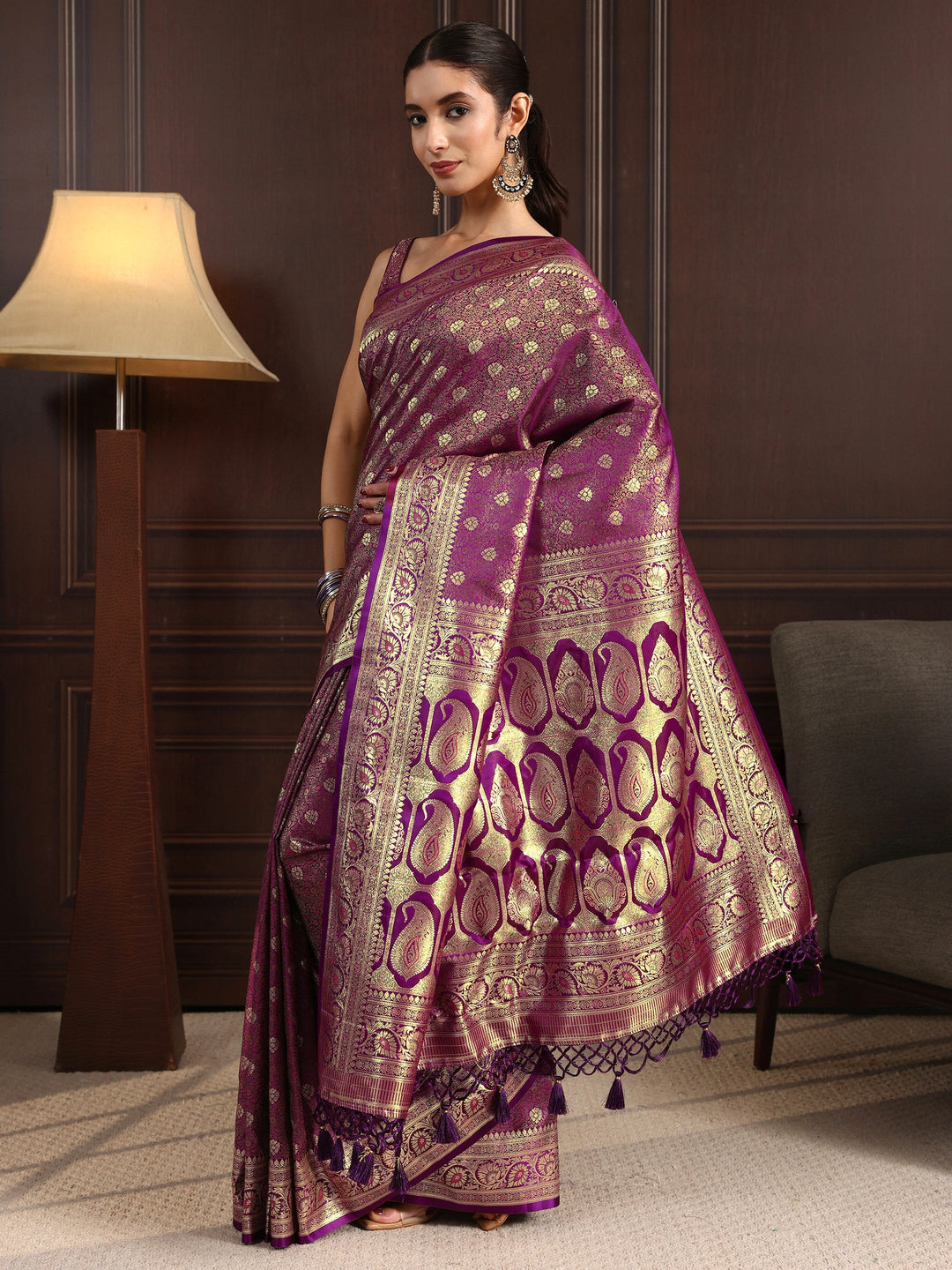  Libas Royal Purple Ethnic Brocade Tassel Saree 