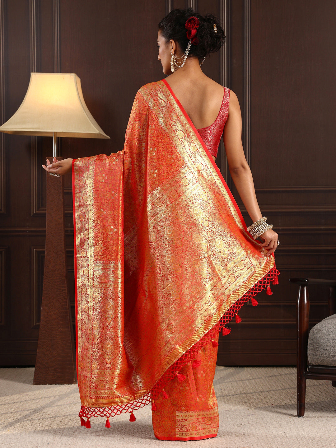  Libas Orange Ethnic Brocade Tassel Saree 