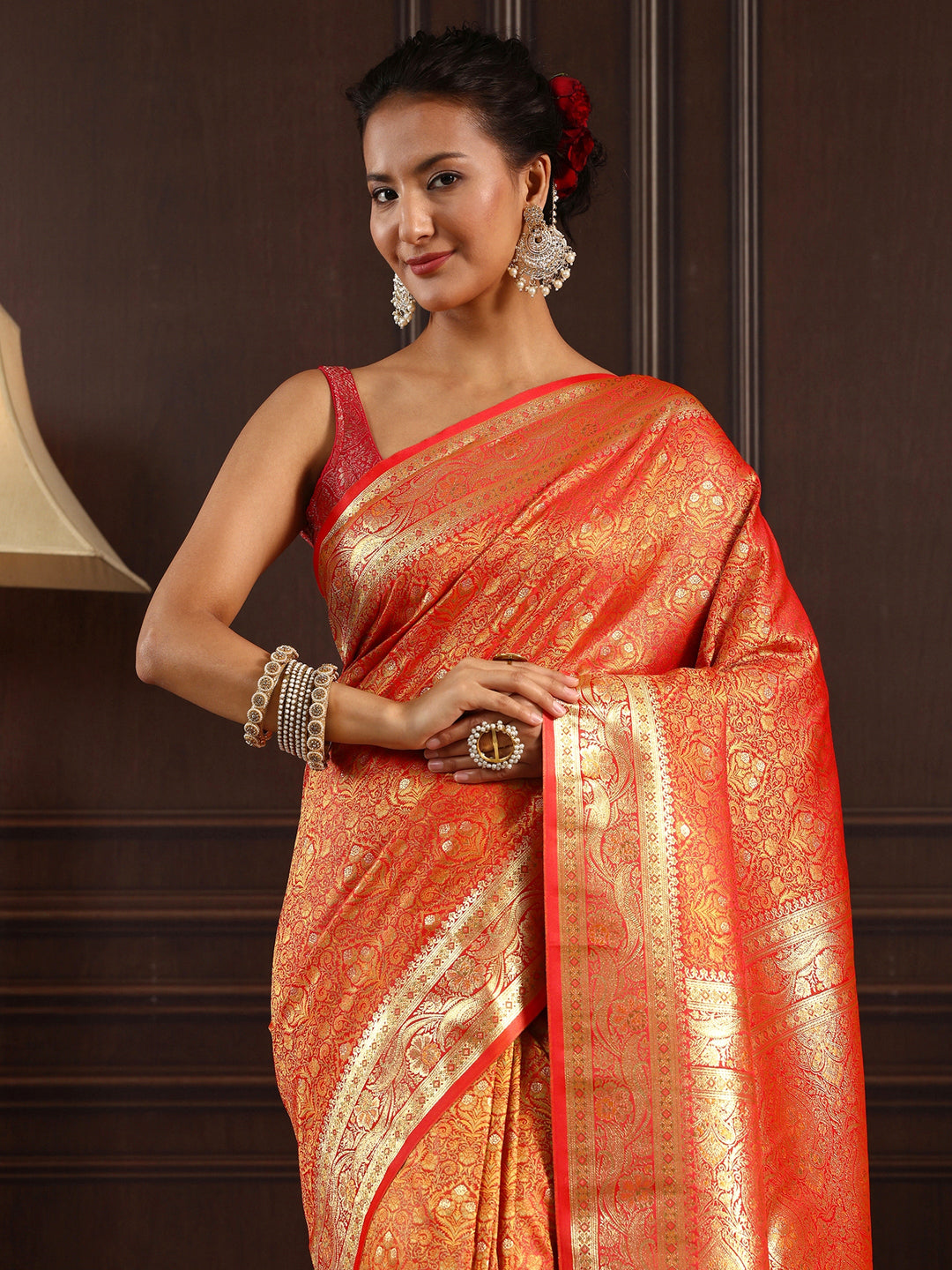  Libas Orange Ethnic Brocade Tassel Saree 