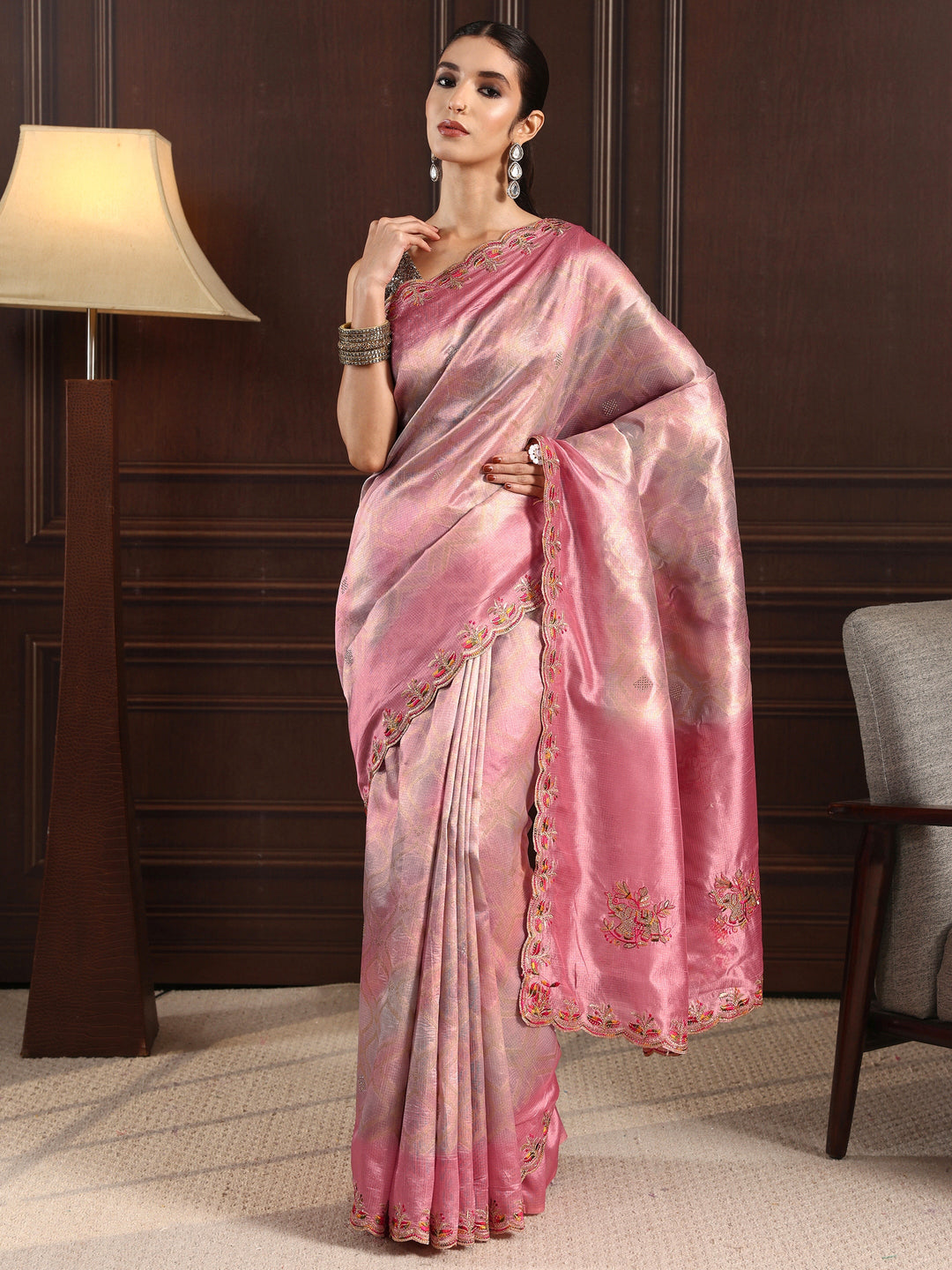  Libas Pink Woven Design Silk Blend Saree with Embroidered Border 