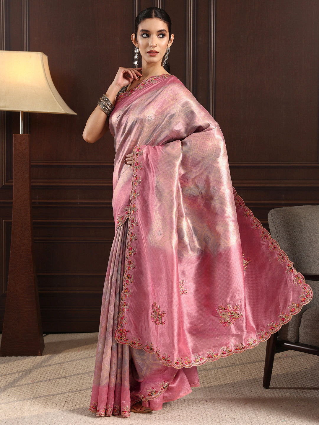  Libas Pink Woven Design Silk Blend Saree with Embroidered Border 