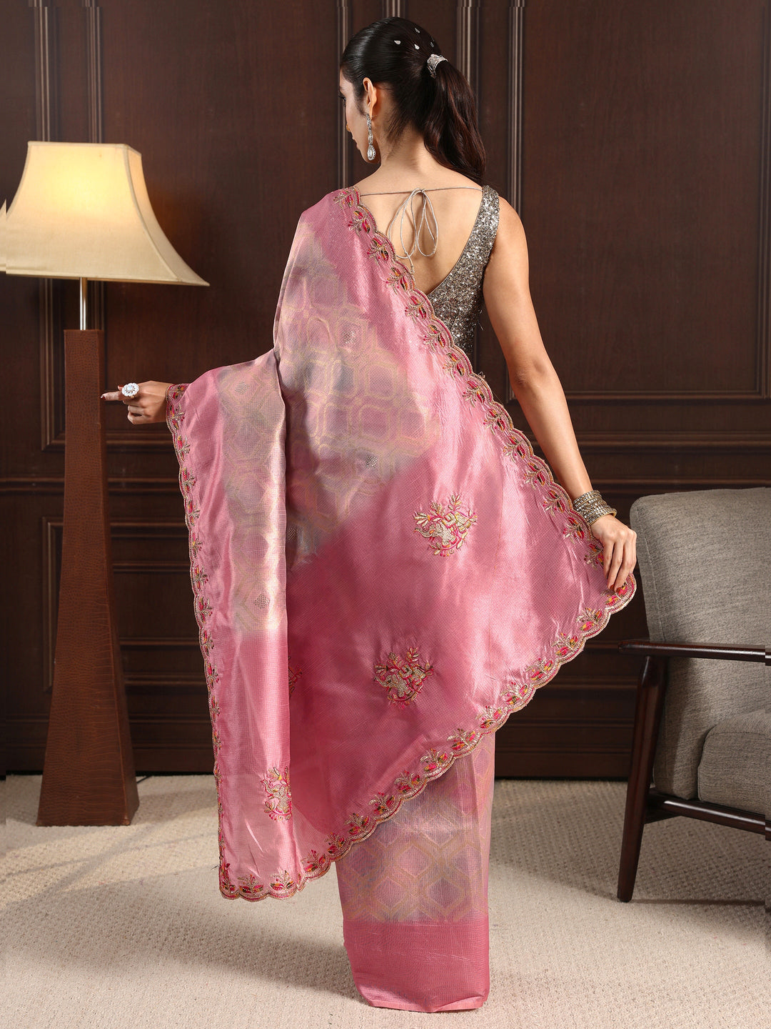  Libas Pink Woven Design Silk Blend Saree with Embroidered Border 