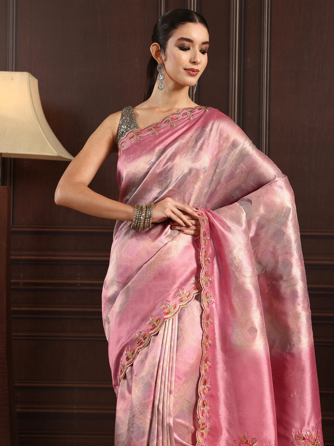  Libas Pink Woven Design Silk Blend Saree with Embroidered Border 
