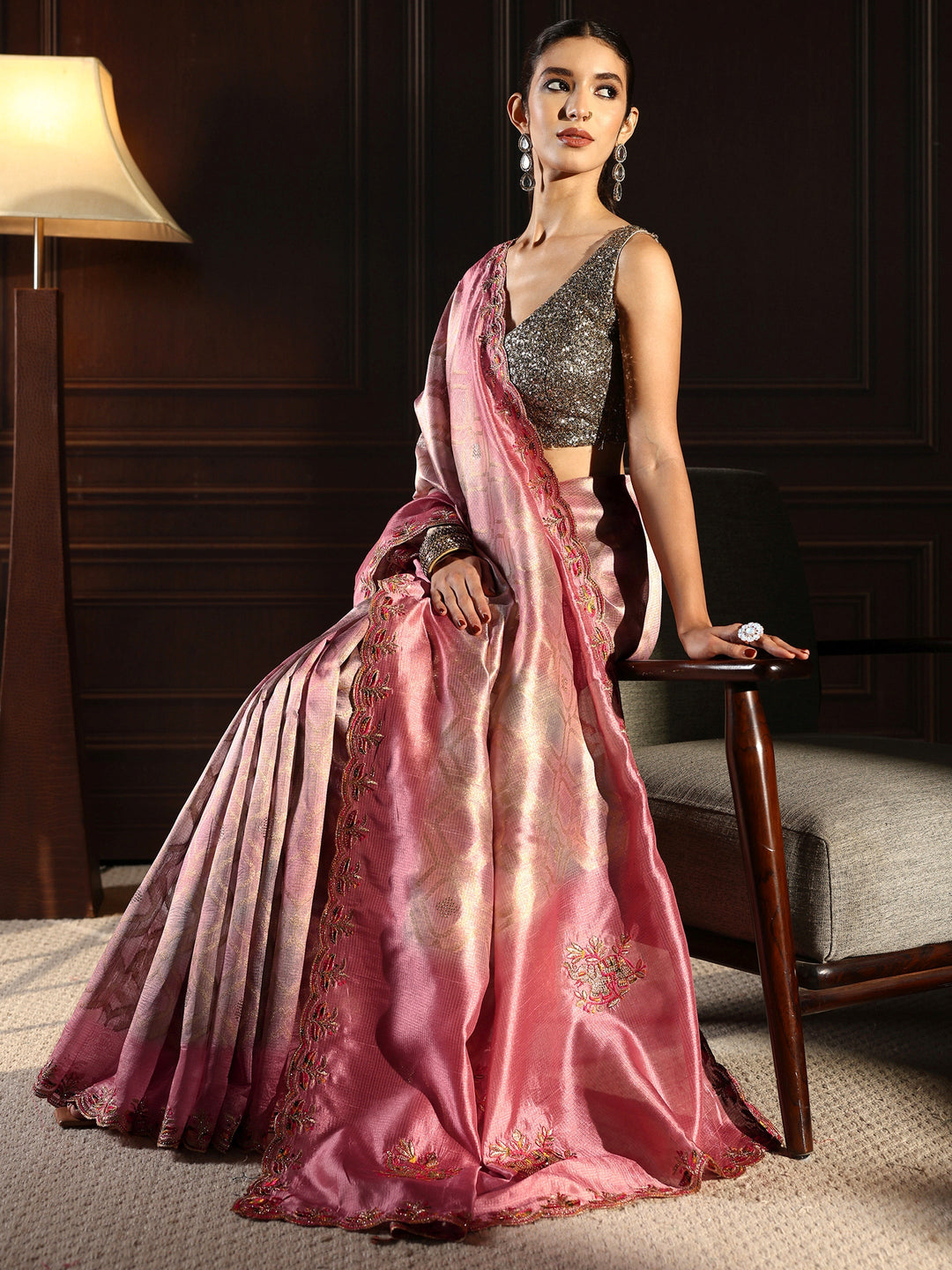  Libas Pink Woven Design Silk Blend Saree with Embroidered Border 